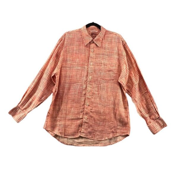 Tommy Bahama 100% Linen MensLarge Orange/White Gingham Plaid Shirt - Picture 1 of 16